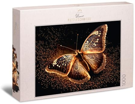 Ulmer Puzzleschmiede - Edles 1000 Teile Puzzle „Abendkleid“ - Schmetterling-Puzzle in Gold und Schwarz mit edlem Glanz - Der Schmetterling als stimmungsvolles Tierpuzzle - Qualität Made in Germany