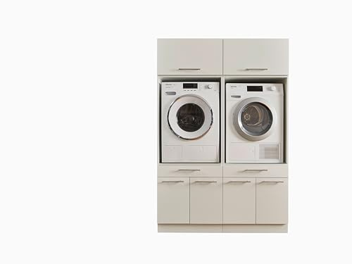 Laundreezy 2X Waschmaschinenschrank mit 2X Schrankaufsatz, Weiß - Waschmaschinen-Überbauschrank TÜV-Zertifiziert mit viel Stauraum - 135 x 200 x 67,5 cm (B/H/T)