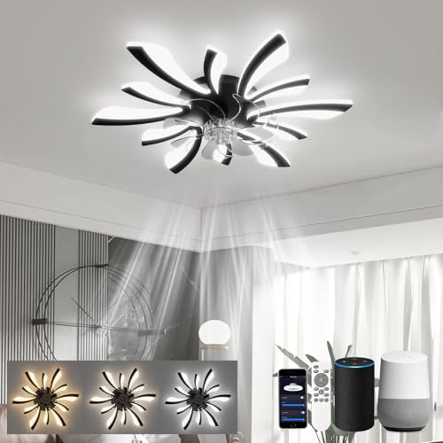 LJX Lustre Ventilateur de Plafond 78cm Luminaire Ventilateur Plafonnier Compatible avec Alexa Minuterie Silencieux 6 Vitesses Réversible pour Chambre Salon, Noir