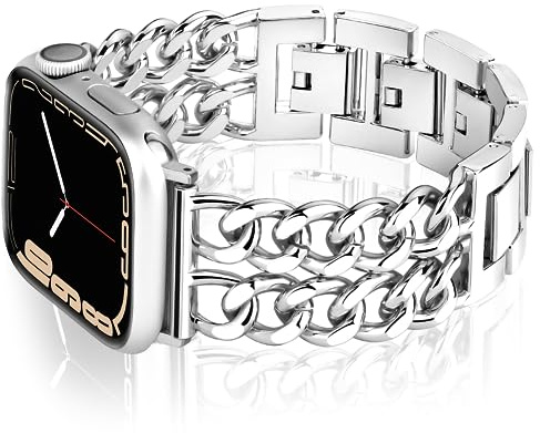 Vamyzji Kompatibel mit Apple Watch Armband 42mm (Series 11 10) 41mm 40mm 38mm, Silber Edelstahl Metallband für Apple Watch Serie 11 10 9 8 7 6 5 4 3 2 1 SE, Mode Kette iWatch Armband für Damen