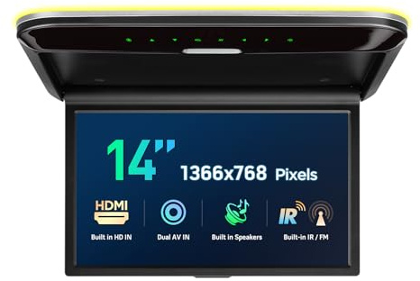 XTRONS 14 Zoll ultradünner Dachmonitor, integrierte Stereolautsprecher Multimedia-Eingang IR/FM Sender HDMI Dual-AV USB-Eingang,Unterstützung von 1366 * 768 Pixeln 1080P-Videowiedergabe