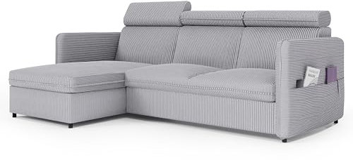 GREKPOL Sofa mit Schlaffunktion 160x220 - Hellgrau Sofa Cord - Ecksofa mit Schlaffunktion und Bettkasten - Schlafsofa mit Bettkasten