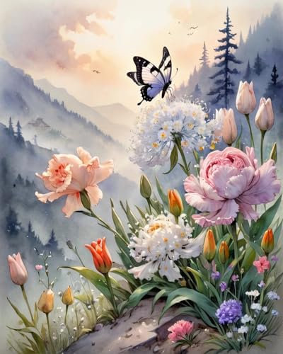 ZMHZMY Malen-nach-Zahlen-Set für Erwachsene,Weihnachten,Tal, Blumen und Schmetterlinge,Personalisiertes digitales Ölgemälde,Geschenke für die Weihnachtsfeiertage,40x50cm