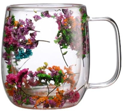 Taza de té de vidrio con flores secas, taza de té de café con flores secas, taza de doble pared, vasos de té, tazas de café expreso para capuchino, leche, jugo, bebidas frías
