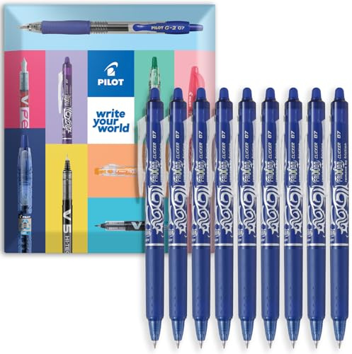Pilot FriXion Clicker Tintenroller, fein, radierbar, einziehbare Spitze, 0,7 mm Spitze, 0,35 mm Strichbreite, 9 Stück, blaue Tinte