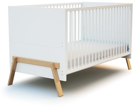 AT4 - Babybett umbaubar zum juniorbett Holz 70x140 CANAILLE Weiß und Buche Lackiert | Kinderbett mädchen und Jung - Gitterbett mit Lattenrost 2 Stufen Höhenverstellbar