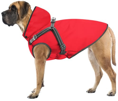 Mosucoirl Hunde-Regenmantel, wasserdicht, mit Kapuze, reflektierend, mit Kapuze, verstellbare Regenjacke für kleine, mittelgroße und große Hunde, Welpen (Rot, L)