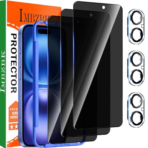 IMBZBK 3 Stück Sichtschutz für iPhone 16 Plus für Panzerglas Full Screen Zubehör mit 3 Stück Kameraschutz, Hülle Freundlich Privacy Schutzfolie Folie, Einfach Installieren Displayschutz