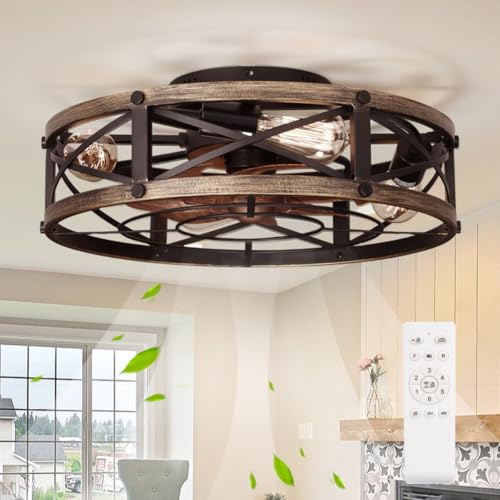 SHLUCE 19 Farmhouse Flush Mount Caged Ceiling Fans with Lights, Fandelier Rustic Low Profile Ceiling Fan with Light and Remote, Small Bladeless Ceiling Fans with Lights for Kitchen, Bedroom - ETL