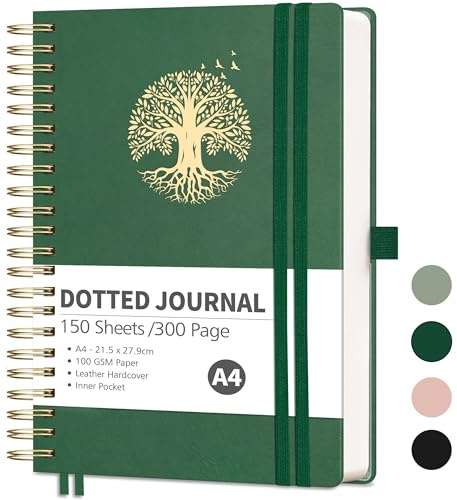 RETTACY Bullet Dotted Journal-A4-Notizbuch, Hardcover, Leder, dickes Tagebuch, Punktraster, Notizbuch, 300 Seiten zum Schreiben, 100 g/m², Hardcover-Leder mit Lesezeichen, Tagebuch-Schablonen