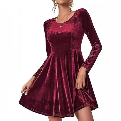 Movocaty Abendkleider Damen Samtkleid Elegant Cocktailkleid Damen Kleid Hochzeitsgast, Verspielter A-Linien-Rock Rundhals Partykleid Bodycon Festliches Ballkleid Weihnachtskleid Winerot Kleid
