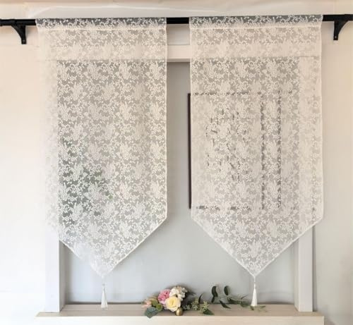 Vordesack Jacquard Panneaux mit Quaste Spitzenvorhang 2er Set HxB 90x60cm | Scheibengardine mit Stickerei Floral-Motiv Bistro Fensterbehang für Glastüren Küche & Bad Landhausstil Gardine mit Tunnelzug