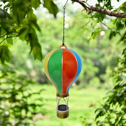 Solar Hot Air Balloon Hanging Light – Violet, Flame Red, Rainbow – Small & Large | Outdoor LED Garden, Patio & Porch Lantern – Weather-Resistant | Energy Class A (Rainbow, Large)