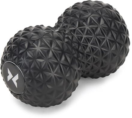 TREXO Doppia sfera di colore nero, 16 x 9 x 9 cm, realizzata in EVA flessibile, resistente e leggera, doppia palla massaggiante con superficie antiscivolo, ideale per la schiena e il collo