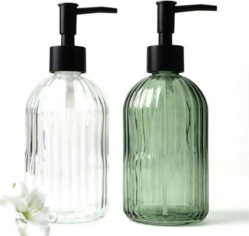 AstraLoom 2er Set Glas Seifenspender Bruchsicher - 400 ML Auslaufsichere Nachfüllbare Spenderflaschen aus Borosilikatglas für Küche, Bad & Haushalt (Transparent+Grün)