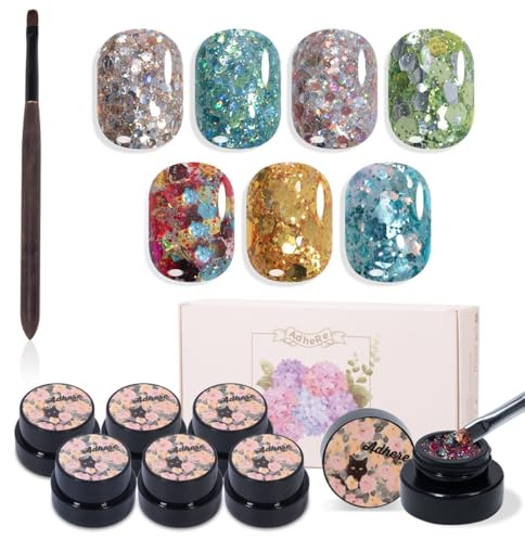 ADHERE 7 Glitzer-Gel-Set mit Nagelbürste, ‌Glitzer-Glitzerpartikel & Schimmernder Gel-Lack‌ | Für Nageldesign, Maniküre-Salon & DIY für Zuhause