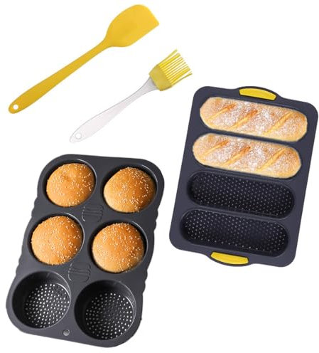 NatureMan Juego de 4 moldes de silicona para baguette y pan de hamburguesa, bandeja antiadherente de 4 agujeros para hornear pan francés, molde de hamburguesa de 6 agujeros con raspador y cepillo