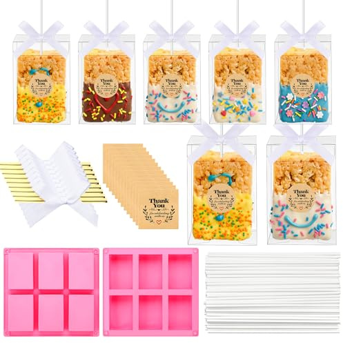 Patelai Rice Cookie Treats Boxes with Sticks Kit 50 Clear Rice Cookie Treat Boxes with 2 Pcs Silicone Crispy Cereal Bar Mold Crispy Packaging Holder Gift Box Birthday Wedding Party Dessert Wrapped