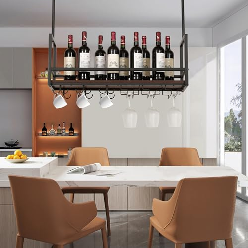 [en.casa] Botellero Vino Borejle Estantería Estante de Techo para Vino Licores Soporte Colgante para Copas Tazas para Cocina Cafeterías Metal/MDF 80 x 30 x 65 cm Negro y Efecto Nogal