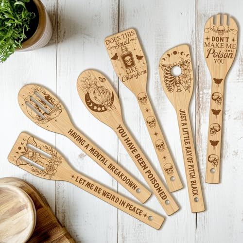 CUTHOLLOW Set di 6 Spatola Cucina Legno - Teschio e Luna - Paletta Cucina Personalizzata, Utensili da Cucina Creativi in Legno per Cucinare, Regalo di Inaugurazione Della Casa, Regalo di Compleanno