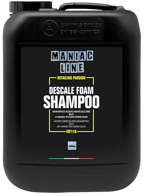 Mafra - Maniac Car Detailing Line, Formato 5L, Descale Foam Shampoo, Shampoo Acido Anticalcare 2in1 a Mano o Foam Gun, Elimina Contaminazioni di Calcare Causate da Macchie d'Acqua o Piogge Sabbiose