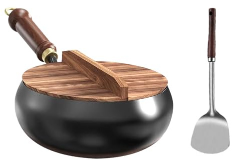 Wok in ghisa, padella in ferro non rivestita, padella antiaderente per fornelli a induzione ed elettrici, pentole cinesi forgiate a mano con coperchio e manico in legno