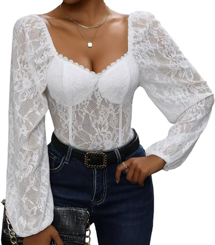 AIEOE Body da donna in pizzo con scollo quadrato e maniche a palloncino, elegante a maniche lunghe, con chiusura a strappo, sexy, trasparente, per feste, clubwear nero, bianco, S-XL, bianco, L