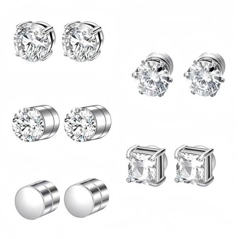 GOZINA 5 Pairs Magnetic Earrings for Men Women, Non-Pierced Magnetic Stud Earrings, Clip on Earrings Women Men Girls Boys, Mens Silver Stainless Steel Earring Decorated with Zircons