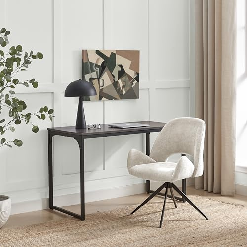 Furniturebox UK Layla Cream Fabric Swivel Chair - Black Metal Legs - Wing Arms - Mid Century Modern Look - Modern Bedroom Vanity Dressing Table Office Upholstered Occasional Chair