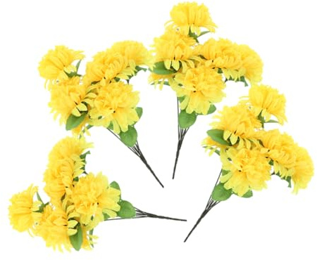 VALICLUD Künstliche Chrysanthemen Sträuße Kunstblumen Kunststoff Friedhof Grabdekoration Wetterfest 4 Stück-Bund Gelb Für Außenbereich Grabchrysantheme