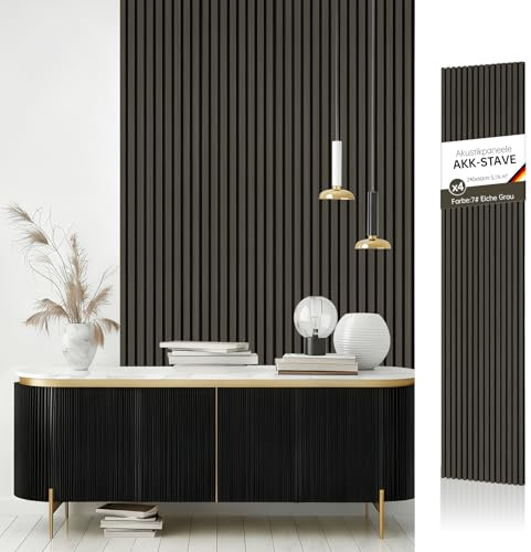 AKK-STAVE Akustikpaneele Holz 240x60 cm (4er-Set 5,76 m²) - Akustik Paneele & Holzpaneele Wand | Holzfurnier 3D Paneele Wand als Wandverkleidung Innen für Wohnzimmer(Eiche Grau)