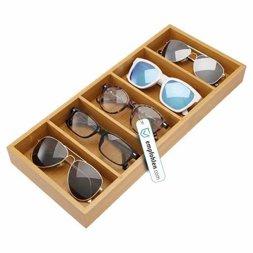 Bambus Organizer 40x17x4 cm Brillen Office Organizer mit 5 Fächer; Schubladen Einsatz für Schmuck, Uhren, Stifte Kabel, Büroartikel uvm. Nachhaltiges Bambus Holz