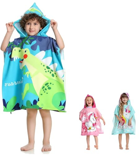HUANYO Hooded Poncho Towel, Ultra Soft Microfibre Quick Dry Beach Swimming & Changing Robe for Kids, Warm Wrap for Boys and Girls (Child Height: 85-110 cm) (dinosaur)
