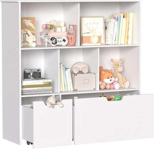 BRINJOY Toy Storage Organizer with 2 Movable Drawers, 3-Shelf Kids Bookcase Children's Toy Chest Cabinet for Playroom Bedroom Daycare Nursery School, 5 Cubes Montessori Bookshelf (White)