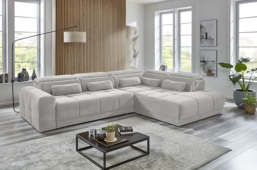 möbelando freiraum Polstergarnitur Donaugh – Ecksofa mit Ottomane rechts, 323 cm, Silbergrau, verstellbare Kopfteile, hochwertiger Aragon-Bezug, inkl. 5 Zierkissen