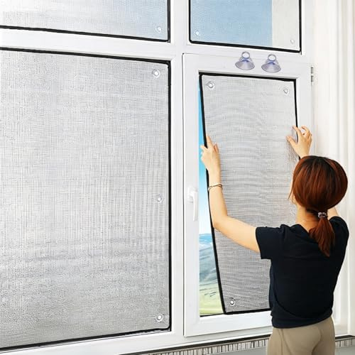 Lámina de Aluminio Doble Cara Reflectante Calor, Vinilo para Ventanas Aislante Lámina Termico, Película Reutilizable con Ventosas, Panel de Protector Solar Desmontable Antiespías(90x130cm)