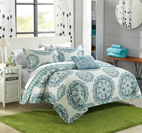 Chic Home Madrid Wende-Bettwäsche-Set, Doppelbett, 3-teilig, Mikrofaser, geometrisches Medaillon, Boho-Muster, Steppdecke, Kissenbezug und dekoratives Kissen, Grün