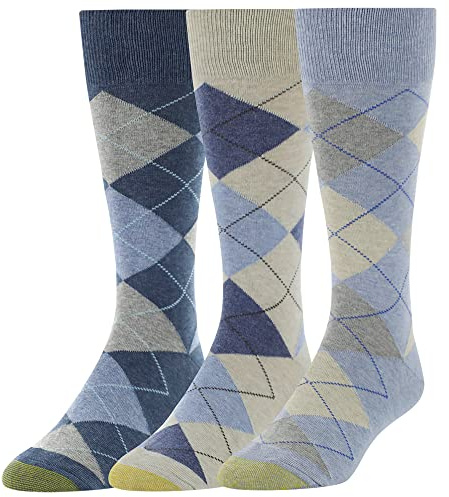 GOLDTOE Men's Carlyle Argyle Crew Dress Socks, 3-Pairs, Chambray/Oatmeal, Large