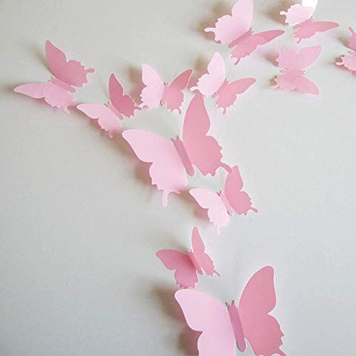 24pcs Kawaii 3D Butterfly Removable Mural Stickers Wall Stickers Decal for Home and Girls Room Decoration (Pink)