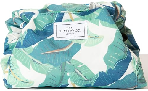 The Flat Lay Co. Makeup Bag - Tropical Leaves Travel Drawstring Makeup Bag with Brush Holder & Large Pockets - Cosmetics Organiser Storage for Eyeshadow, Blushes, Lipstick, & Brushes