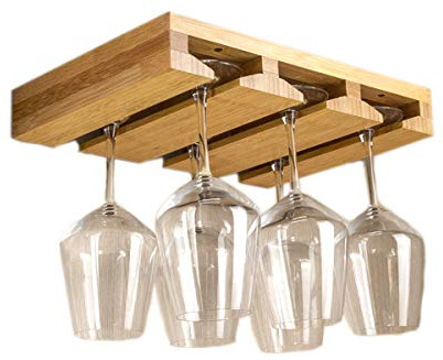 RIIPOO Wine Glass Rack Hangers Under Cabinet, Bamboo Wine Glasses Holders Under Shelf, Under Counter Wine Glass Holder for Home Kitchen & Bar Storage
