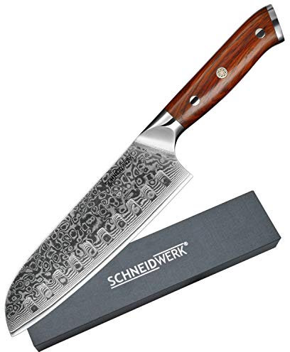 SCHNEIDWERK Santoku-Messer Damastmesser, Küchenmesser 17,6 cm Klingenlänge, 67 Lagen Edelstahl-Damast, Kochmesser Damaststahl, sehr scharf, Damaszener-Stahl Rostfrei DI-Serie