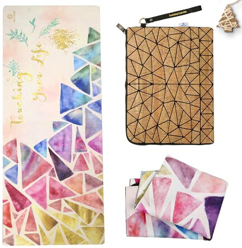 GOLDEN Yogamatte Faltbar rutschfest Schadstofffrei, 1,5mm dünne Leichte ökologische Waschbare Reisematte aus Kautschuk & Mikrofaser, mit Korktasche, Hot Yoga Bikram Pilates