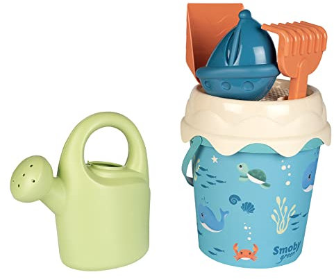 Smoby Green 7600862140 Strandeimer mit Gießkanne, Schaufel, Rechen, Sieb und Sandform, 17 cm Durchmesser
