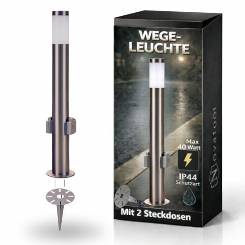 Novatool Gartenlampe I 80 cm I mit 2 Steckdosen I mit Erdspieß I Edelstahl I IP44 I E27 Sockel I Gartenleuchte Stehlampe Säulenlampe außen Aussenleuchten Steckdosenverteiler Steckdosenturm