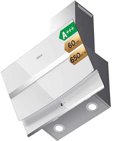 CIARRA Hotte Aspirante Inclinée 60cm 650 m³/h - Classe A+++ - Filtre à Charbon Inclus - 4 Vitesses d’évacuation- Recyclage - LED Lampe - Blanc