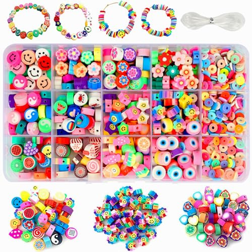 990 stycken polymerlerpärlor för armband, färgglada pärlor i polymerlera, blompärlor för att trä upp, lerpärlor armbandsset, med smiley, blommor, djur och frukt för tillverkning av smyckesarmband