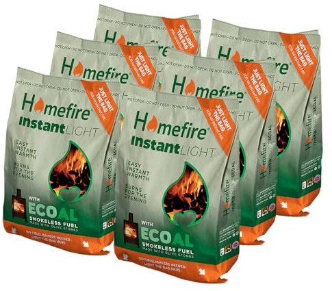 Homefire Instant Light Smokeless Ecoal Bag, for Open Fires and Multi-fuel Stoves, 3 kg (Pack of 6)