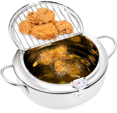 Yopay Deep Fryer Pot 304 Stainless Steel, 3.2L Frying Chicken Pot with Thermometer Control and Lid, Japanese Style Tempura Fryer Pot