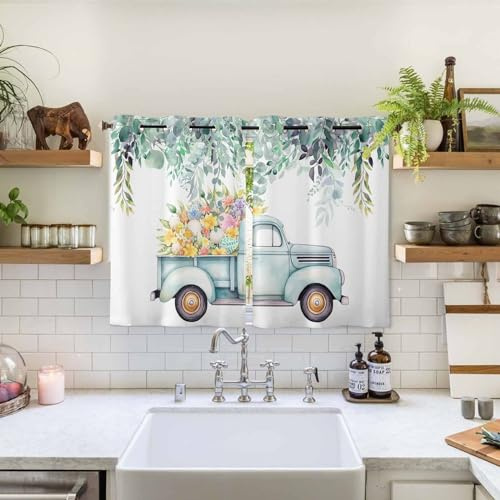 Easter Curtains Panels for Bedroom Truck with Eggs Spring Flowers Eucalyptus Leaves Window Curtains Light Filtering Grommet Top Drapes for Bathroom Living Room-2 Panels, 104 W by 72 L